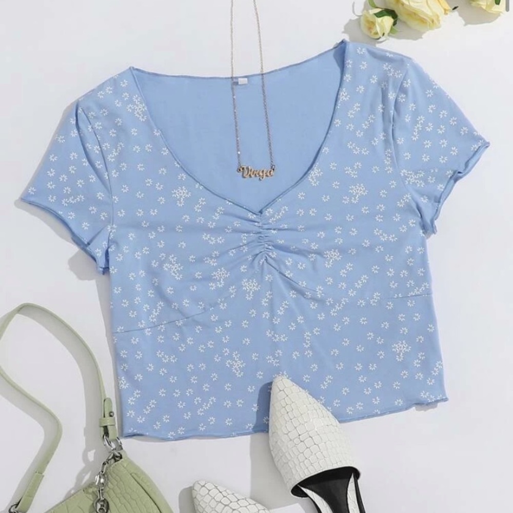 shein V-neck Lettuce Trim Tee